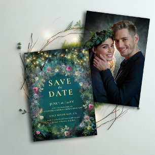 Enchanted Forest Roses Photo Wedding Save the Date Invitation