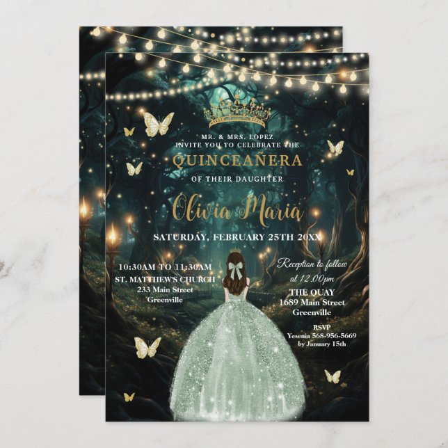 Enchanted Forest Sage Green Dress Quinceañera 16 Invitation (Front/Back)