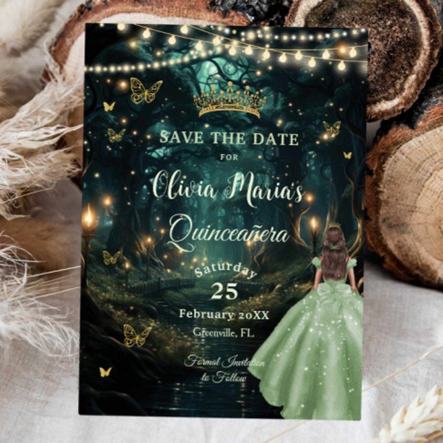 Enchanted Forest Sage Green Dress Quinceañera 16 Save The Date (Creator Uploaded)