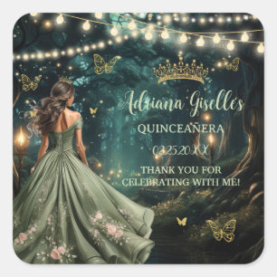 Enchanted Forest Sage Green Dress Quinceañera 16th Square Sticker