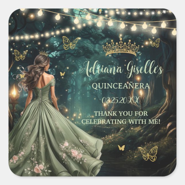 Enchanted Forest Sage Green Dress Quinceañera 16th Square Sticker (Front)