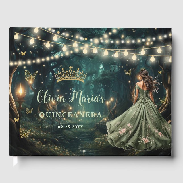 Enchanted Forest Sage Green Dress Quinceanera Guest Book (Front)