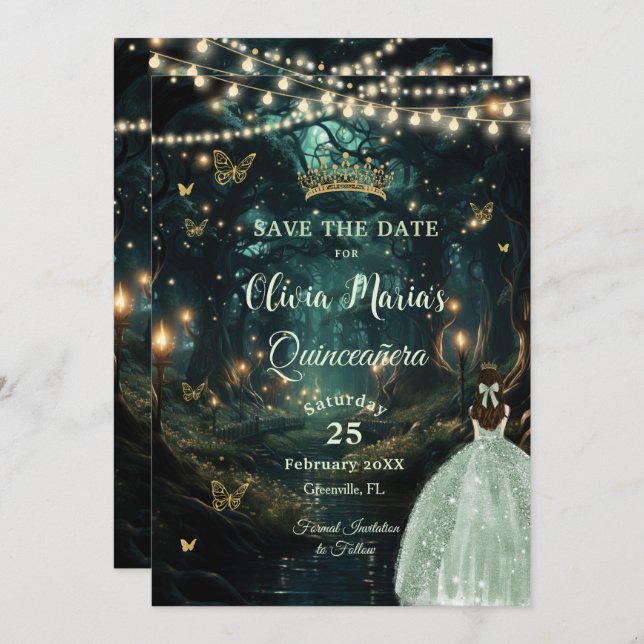 Enchanted Forest Sage Green Dress Quinceañera Save The Date (Front/Back)