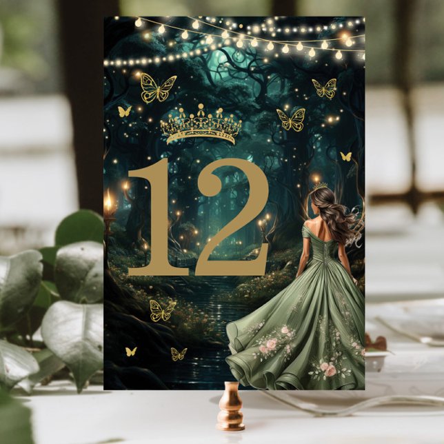 Enchanted Forest Sage Green Dress Quinceañera  Table Number (enchanted forest starry night sage green dress brunette girl quinceanera sweet 16 table number cards)