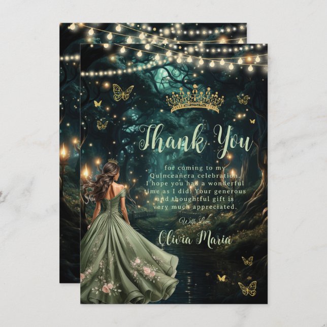 Enchanted Forest Sage Green Dress Quinceañera  Thank You Card (Front/Back)