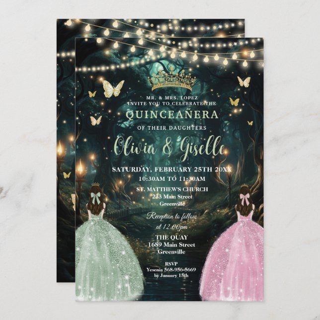 Enchanted Forest Sage Green Pink Twins Quinceañera Invitation (Front/Back)