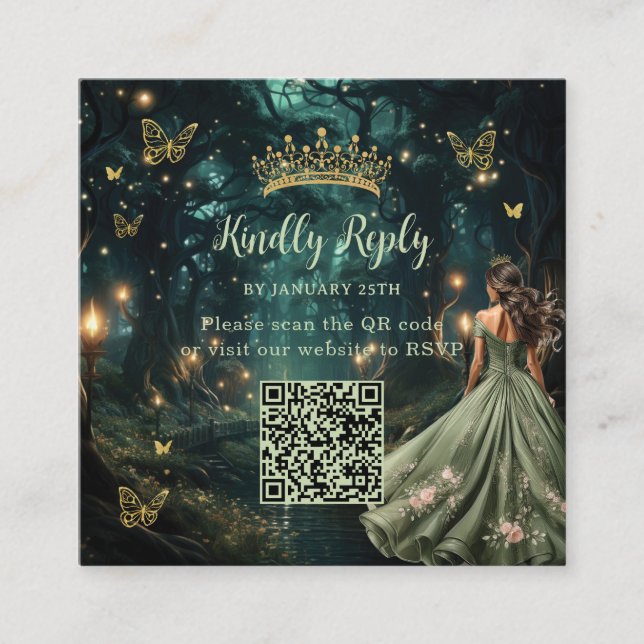 Enchanted Forest Sage Green Quinceañera QR RSVP Enclosure Card (Front)