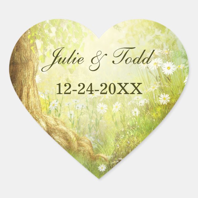 Enchanted Forest Scene Save The Date Heart Sticker (Front)