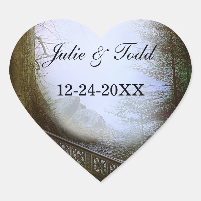 Enchanted Forest Scene Save The Date Heart Sticker (Front)