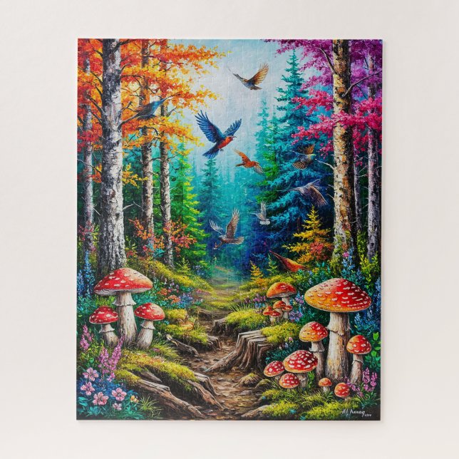 Enchanted Forest Scene with Colourful Birds Jigsaw Puzzle (Vertical)