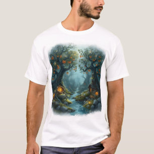 Enchanted Forest Scene with Fairy Homes and Floati T-Shirt
