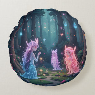 Enchanted Forest Spirits Magical Cottagecore Round Cushion
