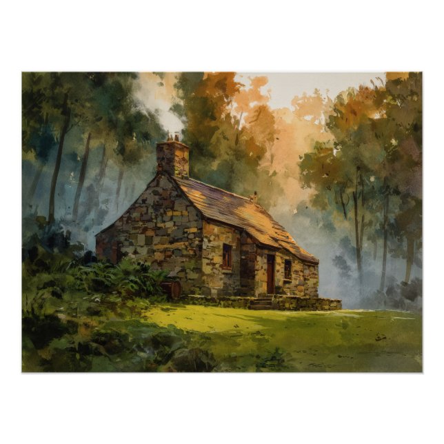 Enchanted Forest Stone Cottage Art Poster (Front)