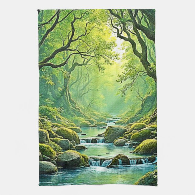 Enchanted Forest Stream Design Tea Towel (Vertical)