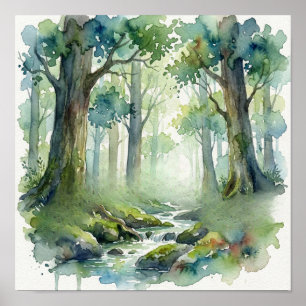 Enchanted Forest Stream: Ethereal Green Watercolor Poster