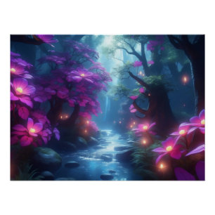 Enchanted Forest Stream – Glowing Flowers Fantasy  Poster
