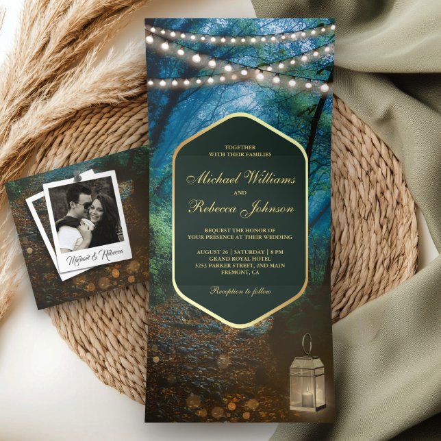 Enchanted Forest String Lights Lantern Wedding Tri-Fold Invitation (Creator Uploaded)