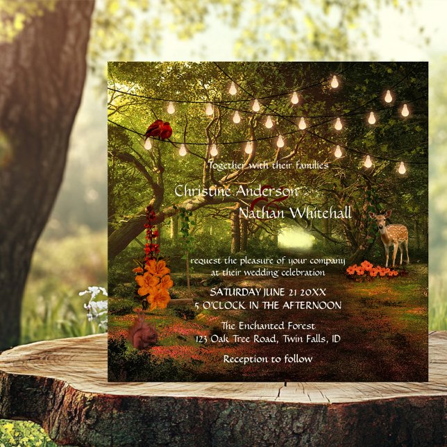 Enchanted Forest String Lights Wedding Invitation (Wedding invitation featuring an enchanted fairy tale like forest with string lights)