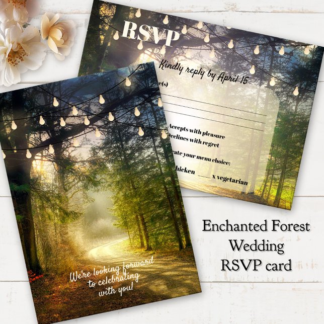 Enchanted Forest String Lights Wedding RSVP Card (Magical wedding RSVP card featuring a path in an enchanted forest with festive string lights)