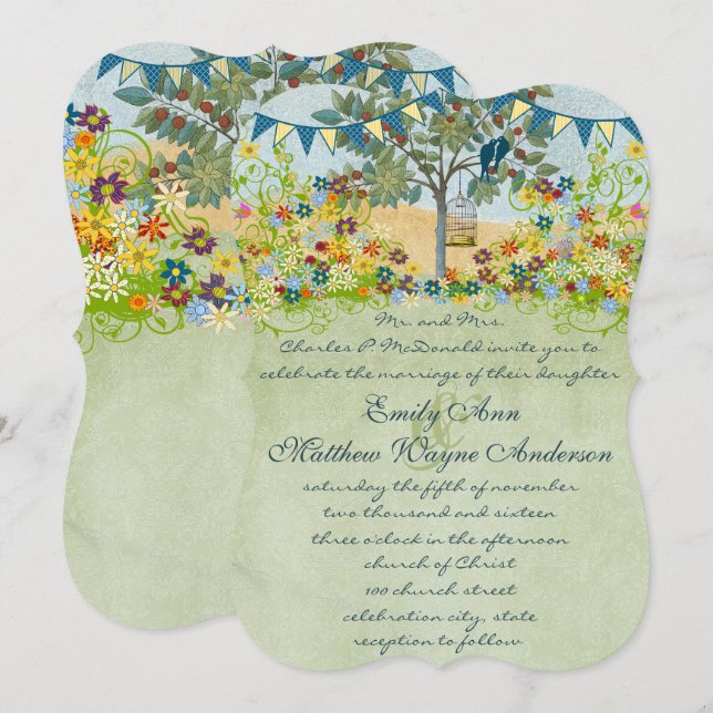 Enchanted Forest Teal Love Bird Wedding Invitation (Front/Back)
