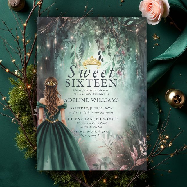 Enchanted Forest Tiara Gold Emerald Mauve Sweet 16 Invitation (sweet 16 invitations enchanted forest emerald green gold princess tiara fairytale magical garden)