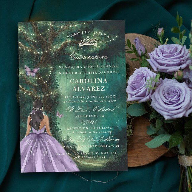 Enchanted Forest Tree Green Lavender Quinceanera Invitation (enchanted forest quinceanera invitation emerald green lavender pink formal elegant quince)