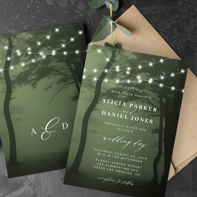 Enchanted forest tree lights dark green wedding invitation (Creator Uploaded)