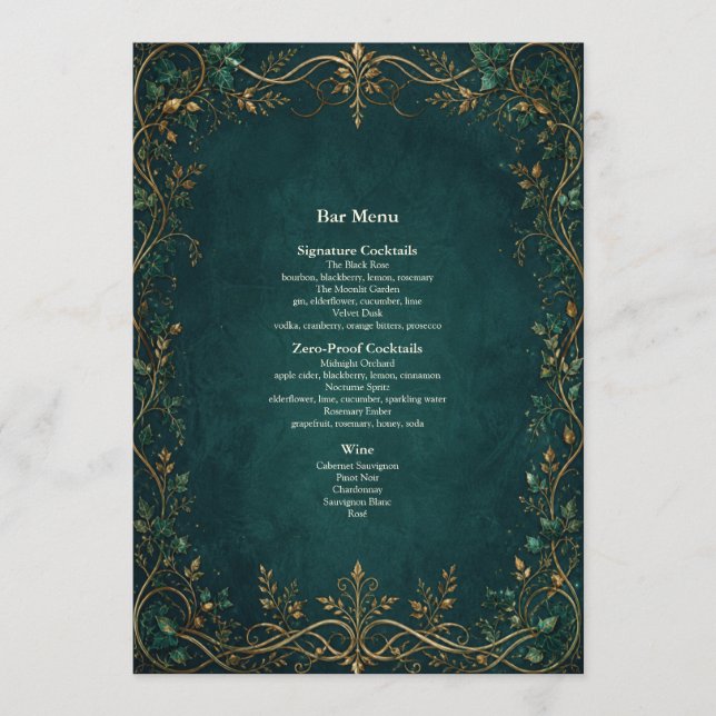 Enchanted Forest Wedding Dinner Bar Menu (Front)
