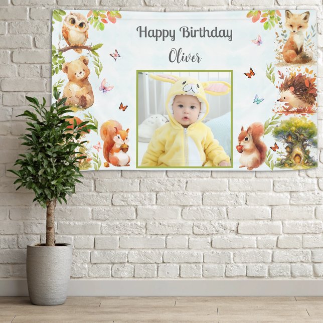 Enchanted Forest Wild One Boy Photo Birthday Party Banner (Creator Uploaded)