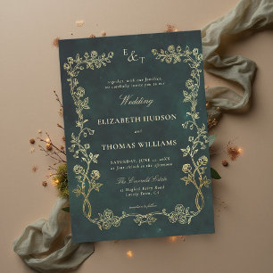 Enchanted Forest Wild Roses Vines Emerald Wedding Invitation