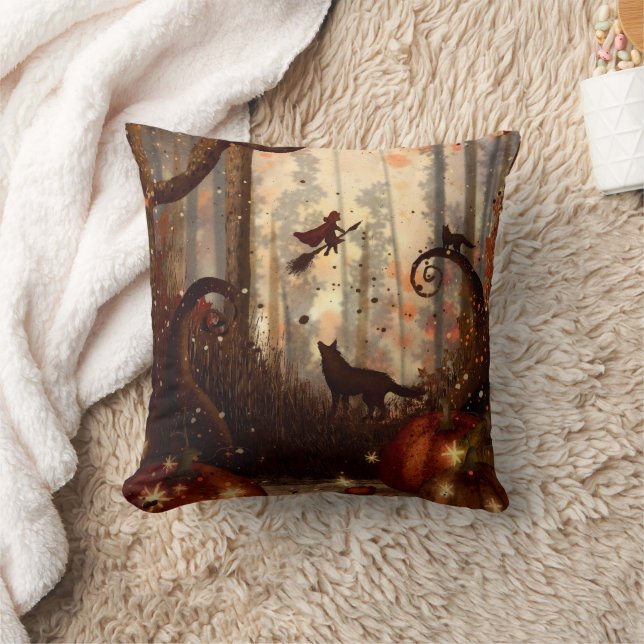 Enchanted Forest Witch Cat Halloween Throw Pillow (Blanket)