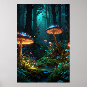 Enchanted Forest with Fantasy Creatures and Glowin Poster