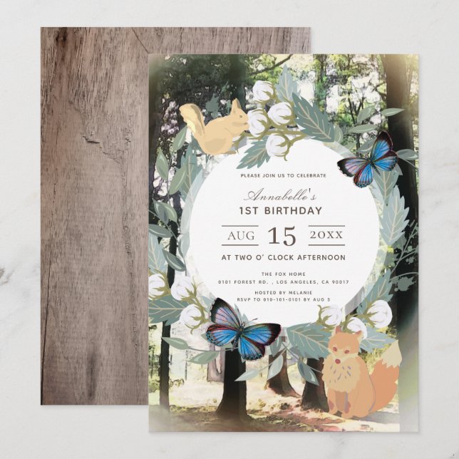 Enchanted Forest Woodland Animals 1st Birthday Invitation (Front/Back)