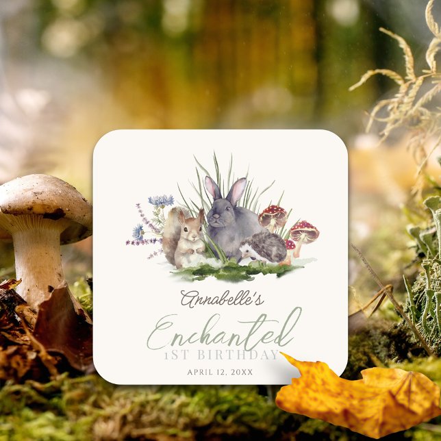 Enchanted Forest Woodland Animals Cream Birthday Square Sticker (Enchanted Forest Woodland Animals Kid's Birthday Sticker)