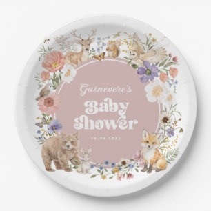 Enchanted Forest Woodland Animals Dusty Pink Baby Paper Plate