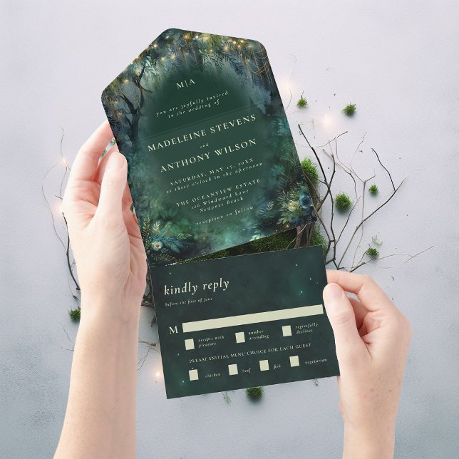 Enchanted Forest Woodland Fairytale Green Wedding All In One Invitation (enchanted forest woodland wedding invitation emerald hunter green gold all in one seal send)
