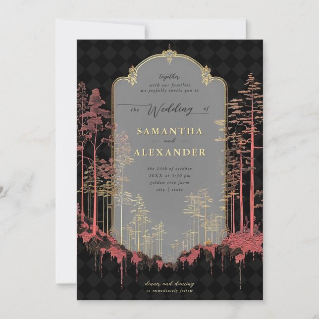 Enchanted Forest Woodland Gold Fall Forest Wedding Invitation (Front)