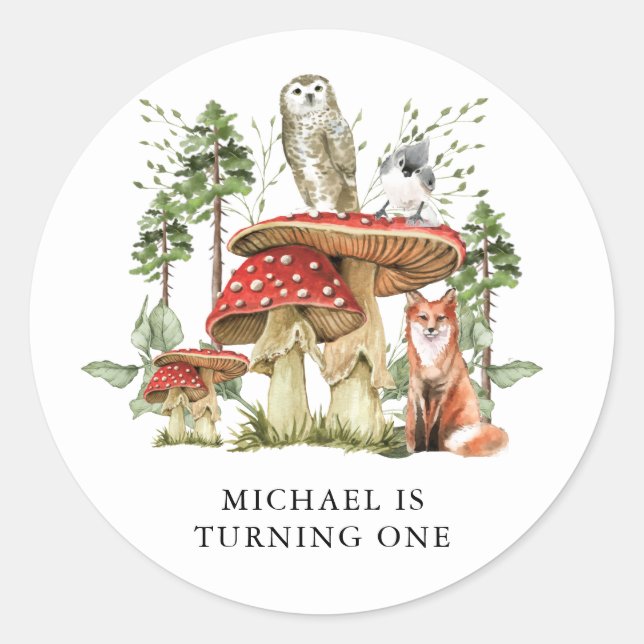 Enchanted Forest Woodlands Boy First Birthday  Classic Round Sticker (Front)