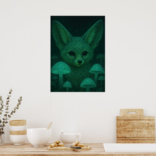 Enchanted Fox & Bioluminescent Mushrooms Poster  (Kitchen)