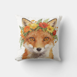 Enchanted Fox with Floral Crown Watercolor Art Cushion
