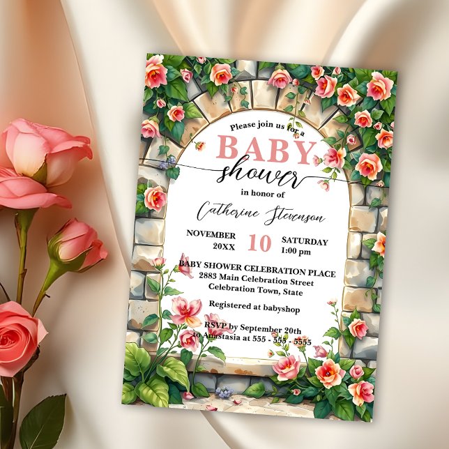 Enchanted Garden Arch with Pink Roses Baby Shower Invitation (Creator Uploaded)