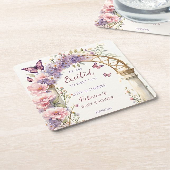 Enchanted garden butterflies baby shower favours square paper coaster (Angled)