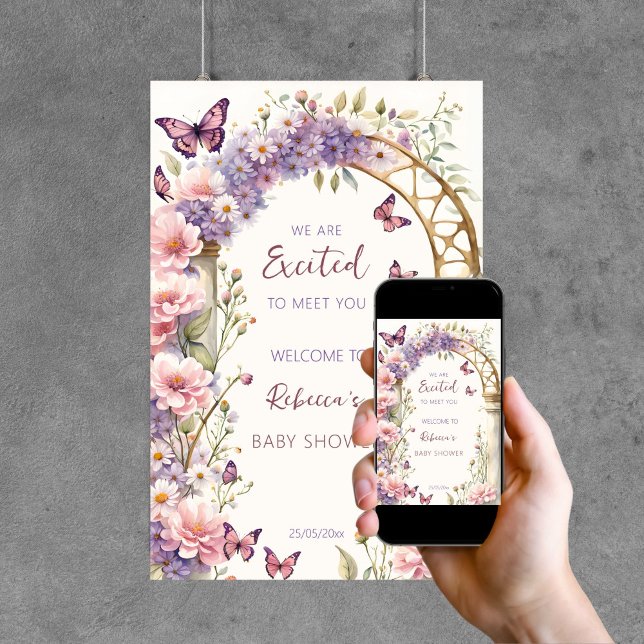 Enchanted garden butterflies baby shower welcome poster (Enchanted garden arch pastel butterflies baby shower template welcome sign poster digital download)