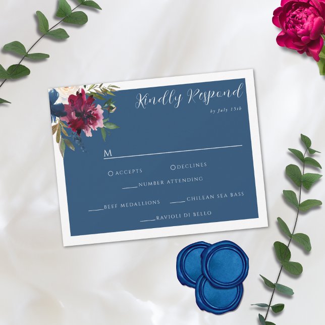 Enchanted Garden Dusty Blue Burgundy Navy RSVP Card (Creator Uploaded)