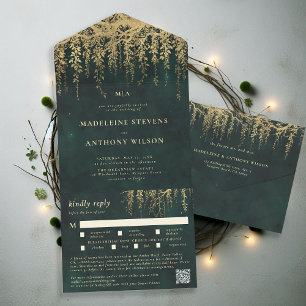 Enchanted Garden Emerald Gold Fairy Forest Wedding All In One Invitation