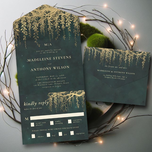 Enchanted Garden Emerald Gold Fairytale Wedding All In One Invitation (enchanted forest trifold wedding invitation seal send emerald gold branches vines elegant classy)