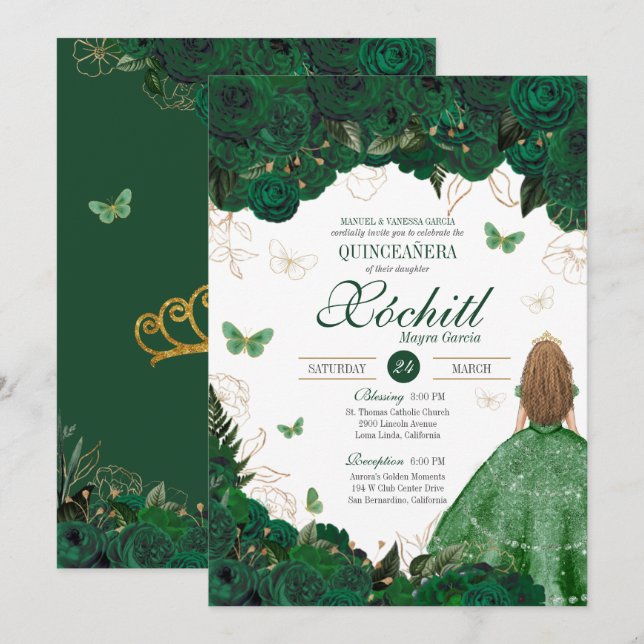 Enchanted Garden Emerald Green Quinceanera Invitation (Front/Back)