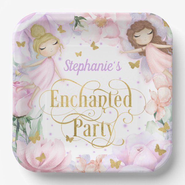 Enchanted garden fairy themed birthday paper plate (Front)