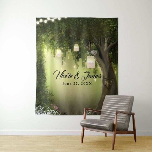 Enchanted Garden Forest Oak Tree Party Backdrop Tapestry (In Situ)