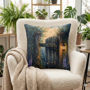Enchanted Garden Gate Under Firefly Sky Cushion